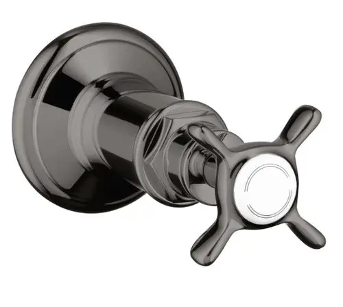 Schwarzes Unterputz-Absperrventil mit Kreuzgriff, aus poliertem Chrom, von AXOR, zur Steuerung des Wasserflusses in Sanitäranlagen.